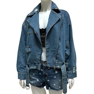 90’s ESSUE Blue Denim Moto Bomber Jacket Ripped Faded Distressed Goth Grunge NWT